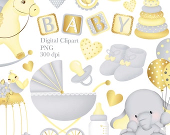 Baby Clipart, Baby Girl Clipart, Baby Boy Clipart, 1st Birthday Clipart, Birthday Clipart, Baby Shower Clipart, Baby Grey & Gold Clipart