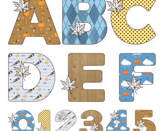 Autumn Alphabet Clipart, Fall Alphabet Clipart, Letters, Numbers, Fall Clipart, Autumn Clipart, Digital Download, PNG