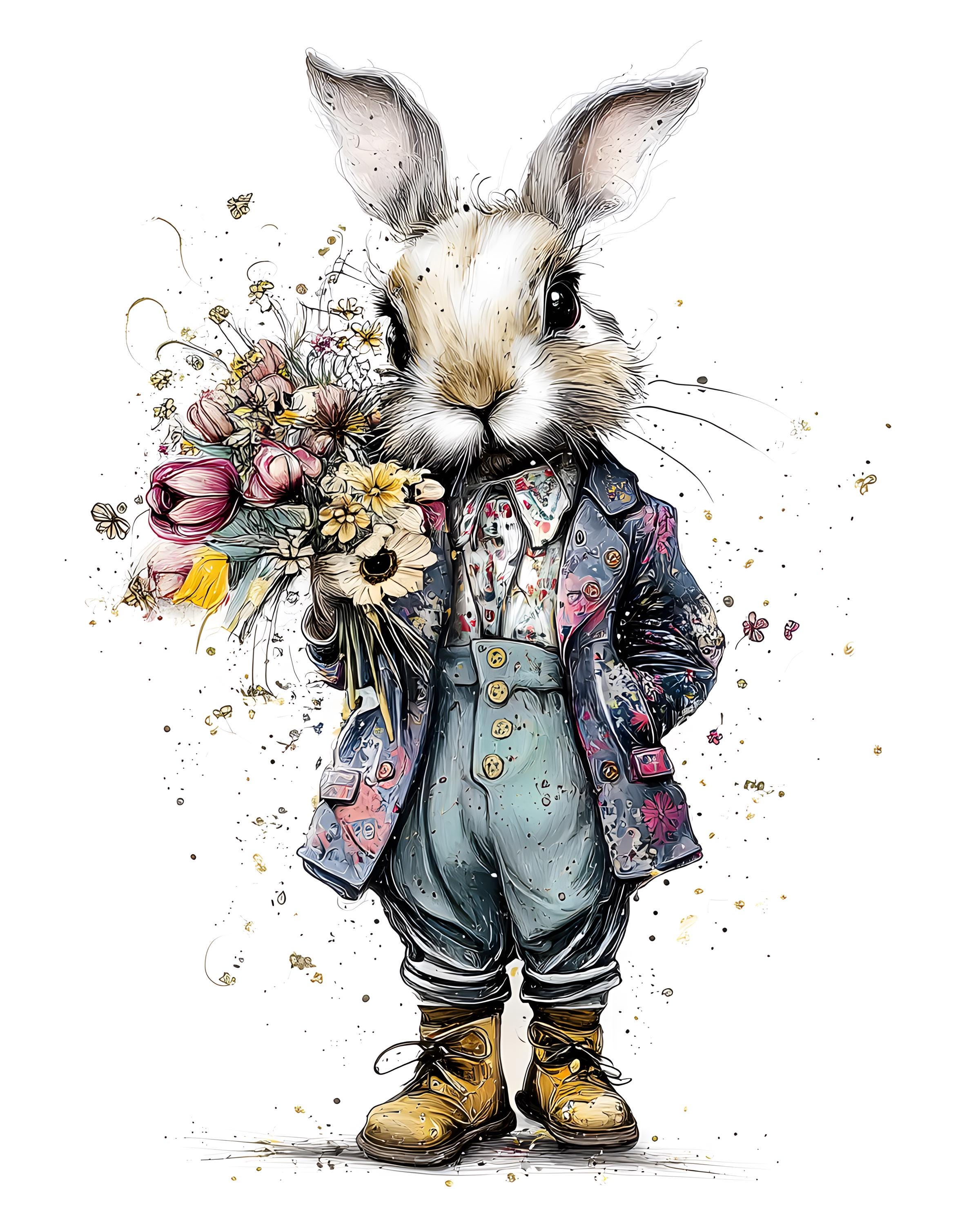 Dapper Bunny Clipart, 8 Jpgs Watercolor Rabbit in Clothes Prints ...