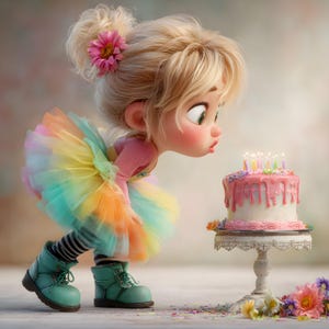 Peut inclure: Illustration de dessin animé d'une jeune fille en tutu coloré et bottines turquoise, penchée vers un gâteau d'anniversaire avec des bougies allumées. Le gâteau est sur un présentoir décoratif, et la fille a une fleur dans les cheveux.