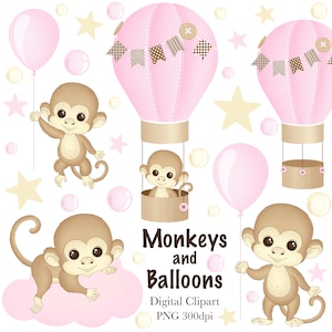 May include: A digital clipart set featuring monkeys and pink balloons. The set includes four monkeys, two hot air balloons, stars, and bubbles. The monkeys are brown with light brown fur and have big eyes. The balloons are pink with white polka dots and brown details. The set is perfect for creating invitations, cards, and other crafts.