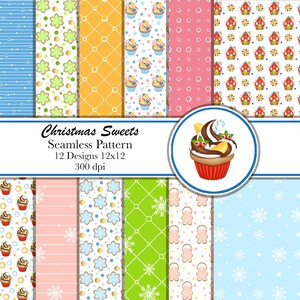 May include: Twelve digital paper designs featuring Christmas sweets, including gingerbread houses, snowflakes, cupcakes, and candy canes. The designs are seamless and can be used for scrapbooking, card making, and other crafts.