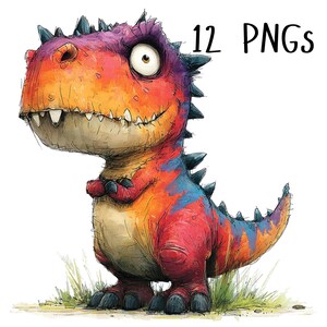 Op de afbeelding: Een kleurrijke cartoon dinosaurusillustratie met een grote kop, wijde ogen en scherpe tanden, voorzien van een levendig, getextureerd patroon in rood, oranje en blauw. Het wezen heeft donkere stekels op de rug en staat op groen gras. Tekst 12 PNGs.