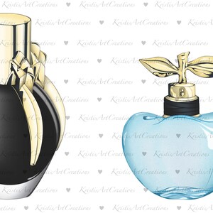 May include: Two perfume bottles, one black with gold accents and the other light blue. Both bottles have a unique design and are sitting on a white background.
