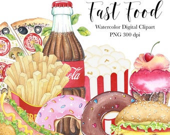 Watercolor Fast Food Clipart Sale, Fast Food Clipart, Watercolor Clipart, Digital Clipart, Pizza, Burger, Donuts, Ice Cream