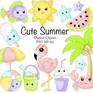 Clipart estivo, estate carina, clipart spiaggia, fenicottero, sole, stella marina, clipart multicolore, cibi e bevande, download digitale, PNG
