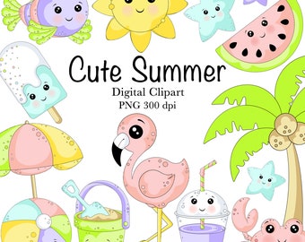Summer Clipart, Cute Summer, Beach Clipart, Flamingo, Sun, Starfish, Multicolor Clipart, Food and Drink, Digital Download, PNG
