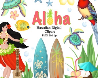 Hawaii Clipart, Aloha Clipart, Summer Clipart, Travel Clipart, Tropic Clipart, Tropical Flowers Clipart, Floral Clipart, Fruits Clipart
