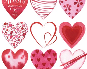 Könnte beinhalten: Neun Aquarellherzen in verschiedenen Rot- und Rosatönen. Einige Herzen haben Muster, darunter Streifen, Punkte und kleine Herzen. Der Text "Hearts Watercolor Clipart PNG 300 dpi" befindet sich oben im Bild.
