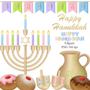 Happy Hanukkah Clipart, Hanukkah Clipart, Hanukkah Digital Clipart, Chanukah Clipart, Dreidel Clipart, Sufganiya Clipart, Hanukkiya Clipart