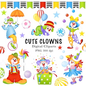 Payasos, Clipart Multicolor, Payasos Lindos, Bolas, Banderas, Clipart Digital, PNG