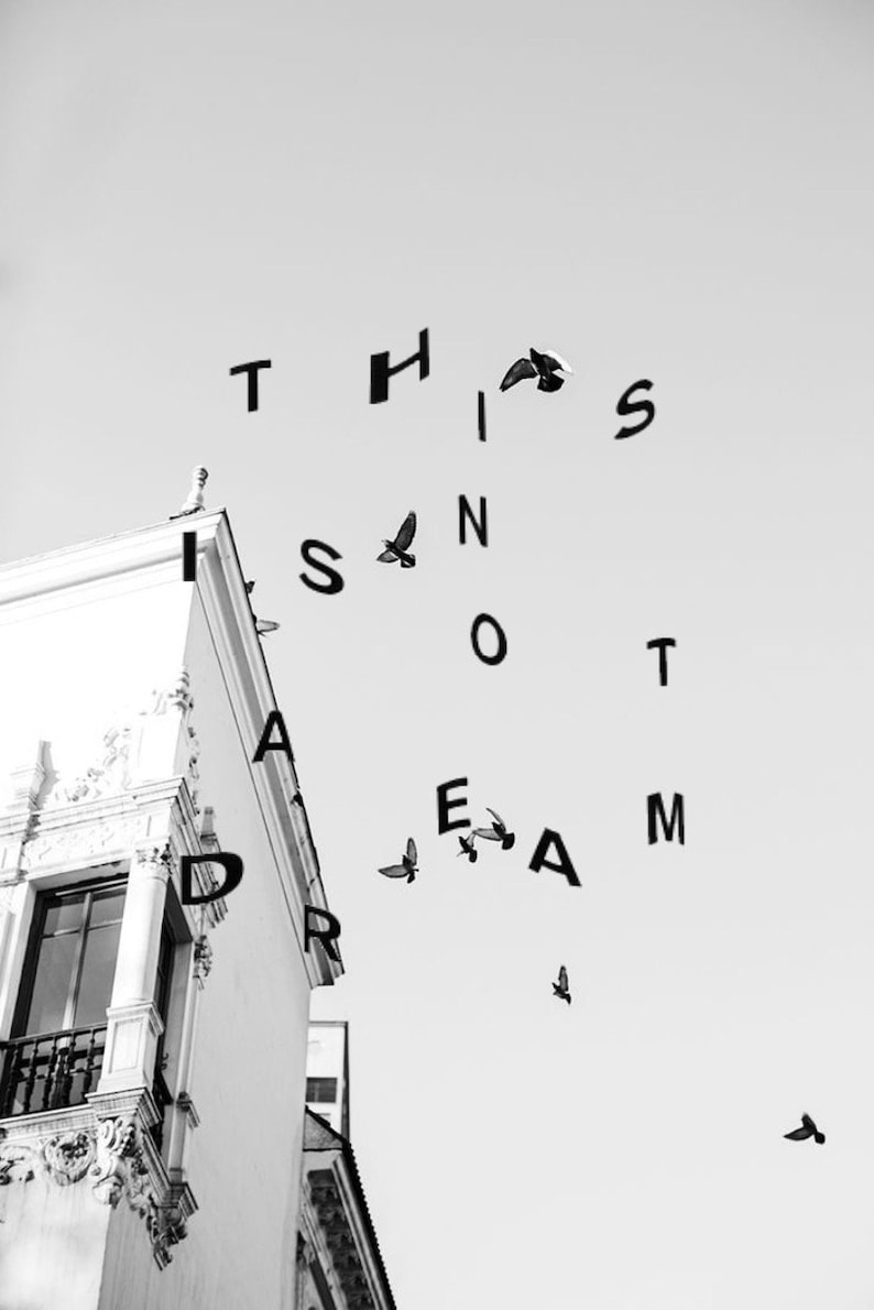 May include: Black and white photograph of a building with the words "THIS IS NOT A DREAM" spelled out in the sky using birds.