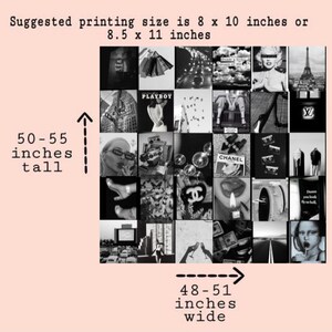 May include: Black and white collage of images, including fashion, cityscapes, and luxury brands. The collage is 50-55 inches tall and 48-51 inches wide. Suggested printing sizes are 8 x 10 inches or 8.5 x 11 inches.