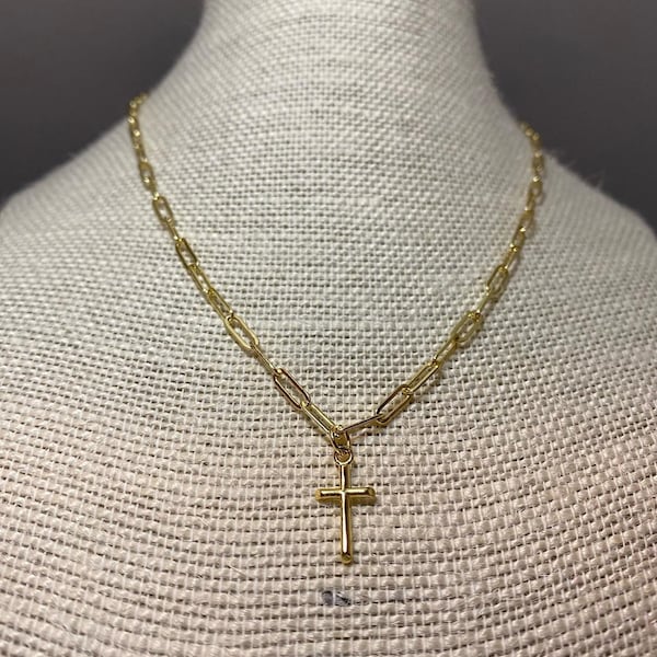 24k Gold Filled Paperclip Chain Necklace with 18k Gold Filled Cross Charm
