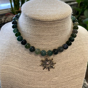 Moss Agate Choker with Sun Charm