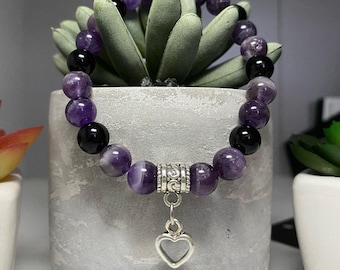 Amethyst and Black Onyx Beaded Bracelet