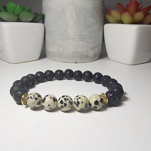 Dalmatian Jasper and Black Lava Beaded Bracelet