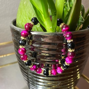 Roze Tijgeroog en Zwarte Agaat Kralen Armband