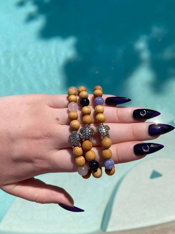 Wooden Beaded Turtle Charm Bracelet With Rose Quartz