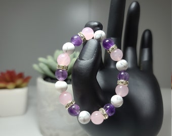 Amethyst, White Howlite, and Rose Quartz beaded bracelet with Crystal Spacer.
