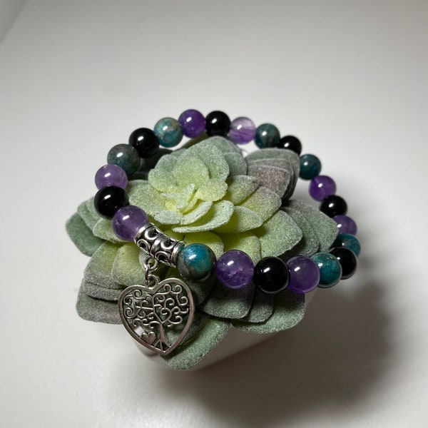 Amethyst, Black Agate and Blue Apatite Beaded Bracelet with Tree of Life Charm