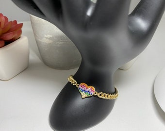 18k Gold-Filled Cuban Curb Chain Bracelet with 18k Colorful Heart Charm