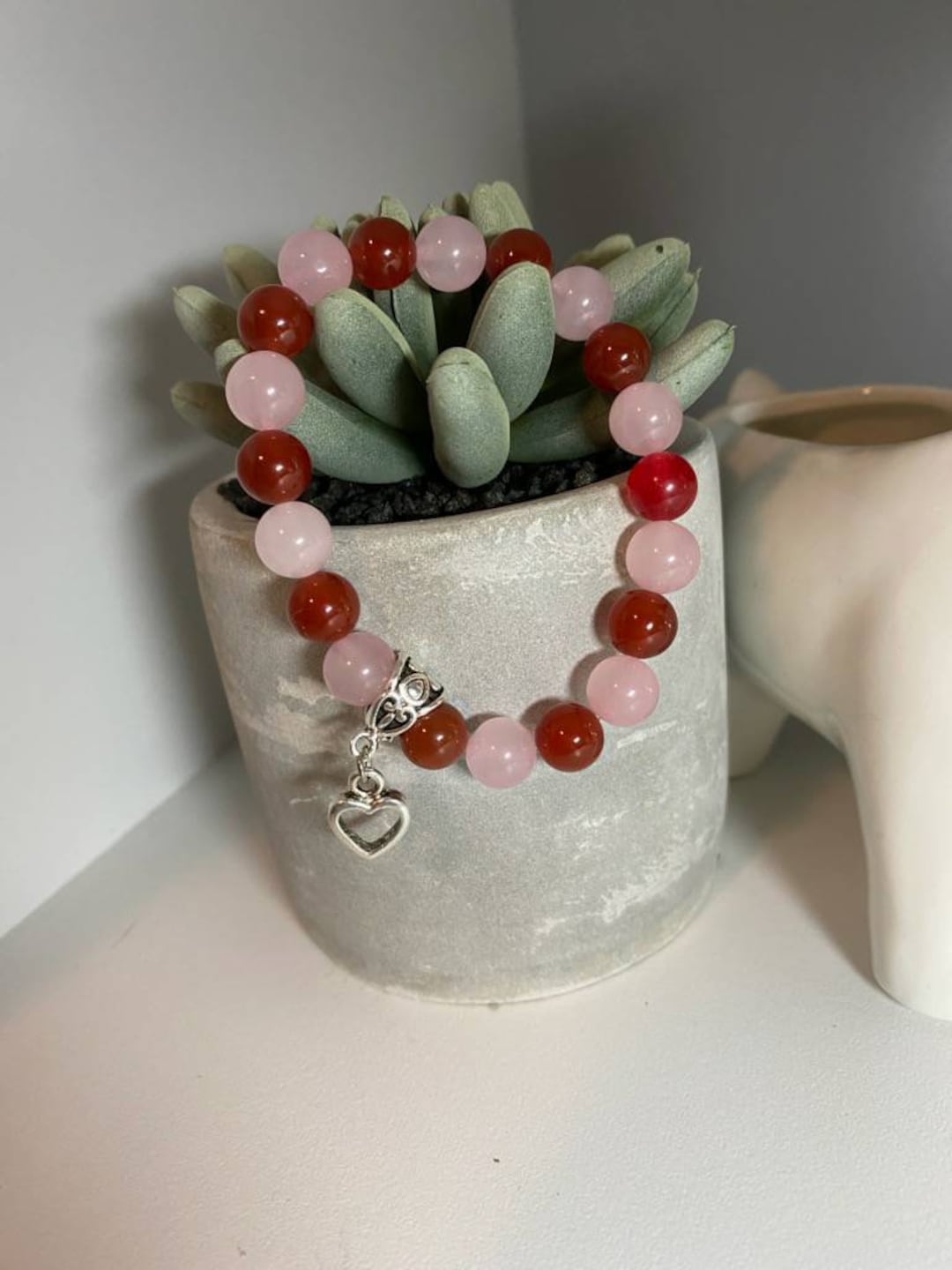 Red Carnelian and Rose Quartz Beaded Bracelet With Silver Heart Charm ...