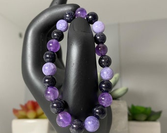 Amethyst, Tanzanite, and Night Sky Goldstone Beaded Bracelet