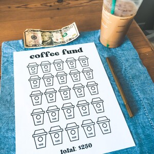 coffee fund printable challenge, savings challenge printable, fun savings challenge, printable savings tracker, budget digital download