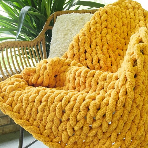 Mustard Yellow Knit Blanket Yellow Throw Blanket Chunky Etsy