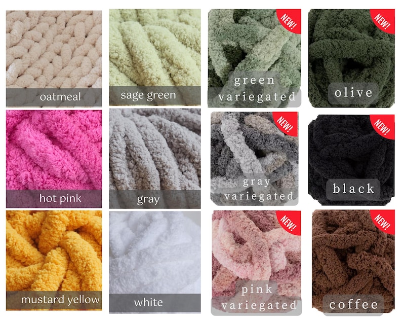 Puede incluir: Una colecci&oacute;n de lana de punto grueso en varios colores, incluyendo avena, verde salvia, rosa intenso, gris, amarillo mostaza, blanco y caf&eacute;. Cada color est&aacute; etiquetado. Algunos colores tienen una etiqueta "&iexcl;NUEVO!"