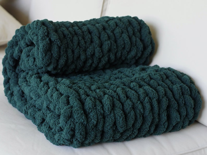 Chunky Knit Blanket Emerald Green Throw Blanket Dark Green Etsy