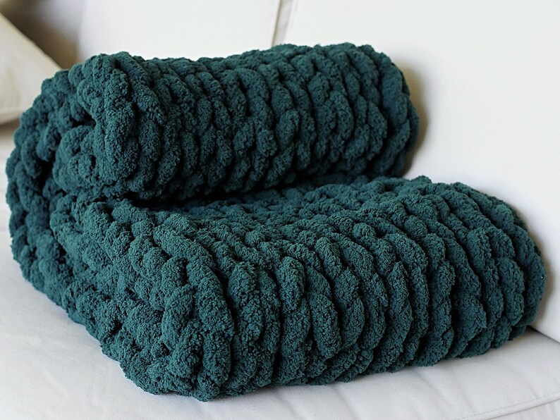 Chenille Chunky Knit Blanket Green Throw Blanket Dark Green Etsy