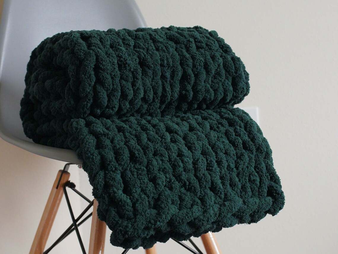 Chenille Chunky Knit Blanket Green Throw Blanket Dark Green Etsy