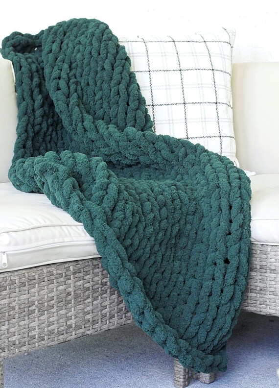 Chenille Chunky Knit Blanket Green Throw Blanket Dark Green Etsy