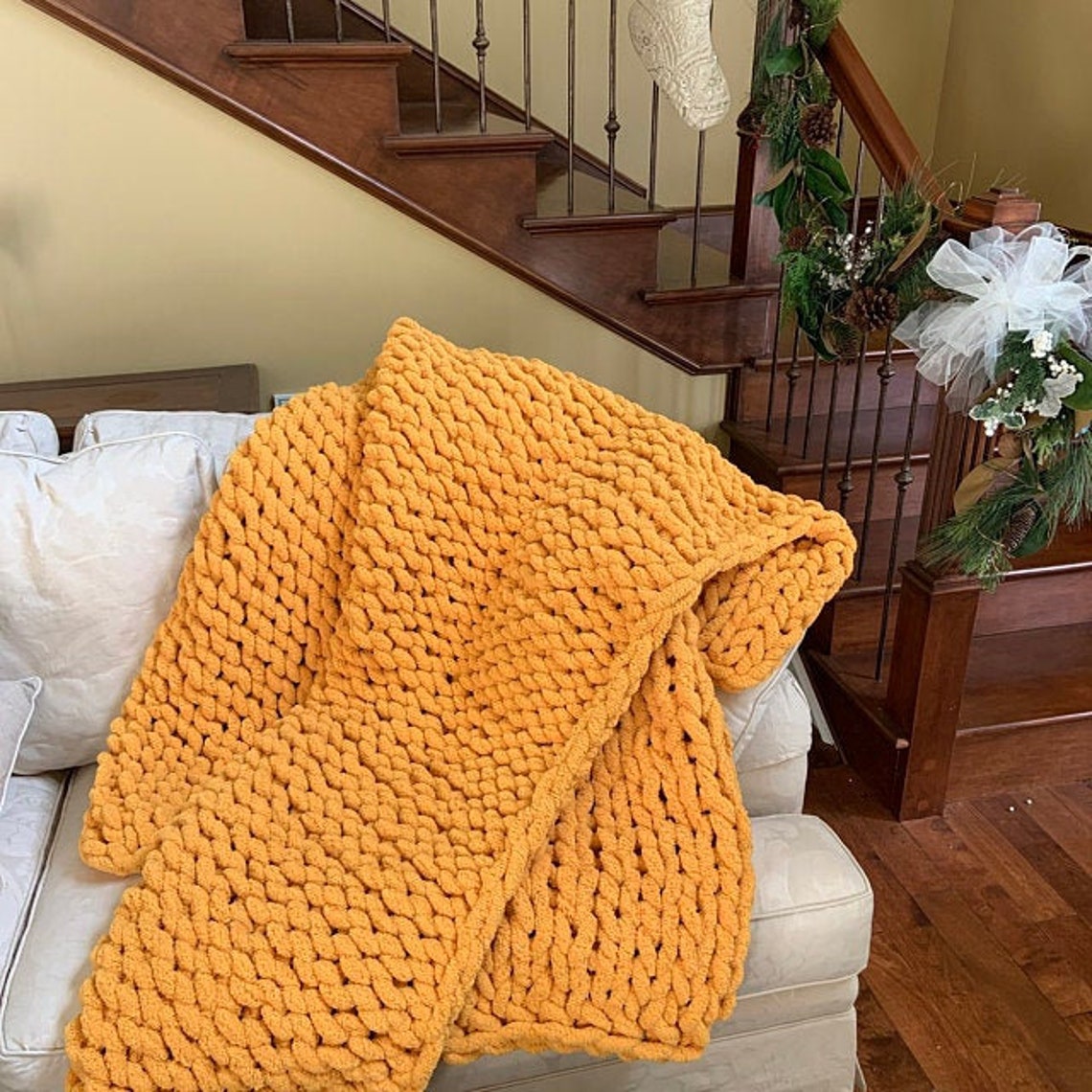 Mustard Yellow Knit Blanket Yellow Throw Blanket Chunky Etsy