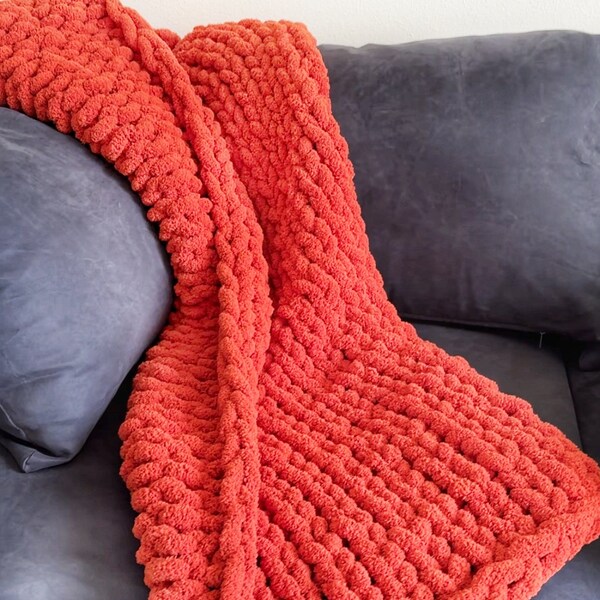 Rust Chunky Throw Blanket, Warm Soft and Cozy Knitted Blanket, Thanksgiving or Christmas Gift | Burnt Orange, Spice Ginger, Mustard Yellow