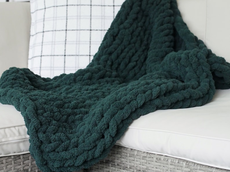 Chunky Knit Blanket Emerald Green Throw Blanket Dark Green Etsy