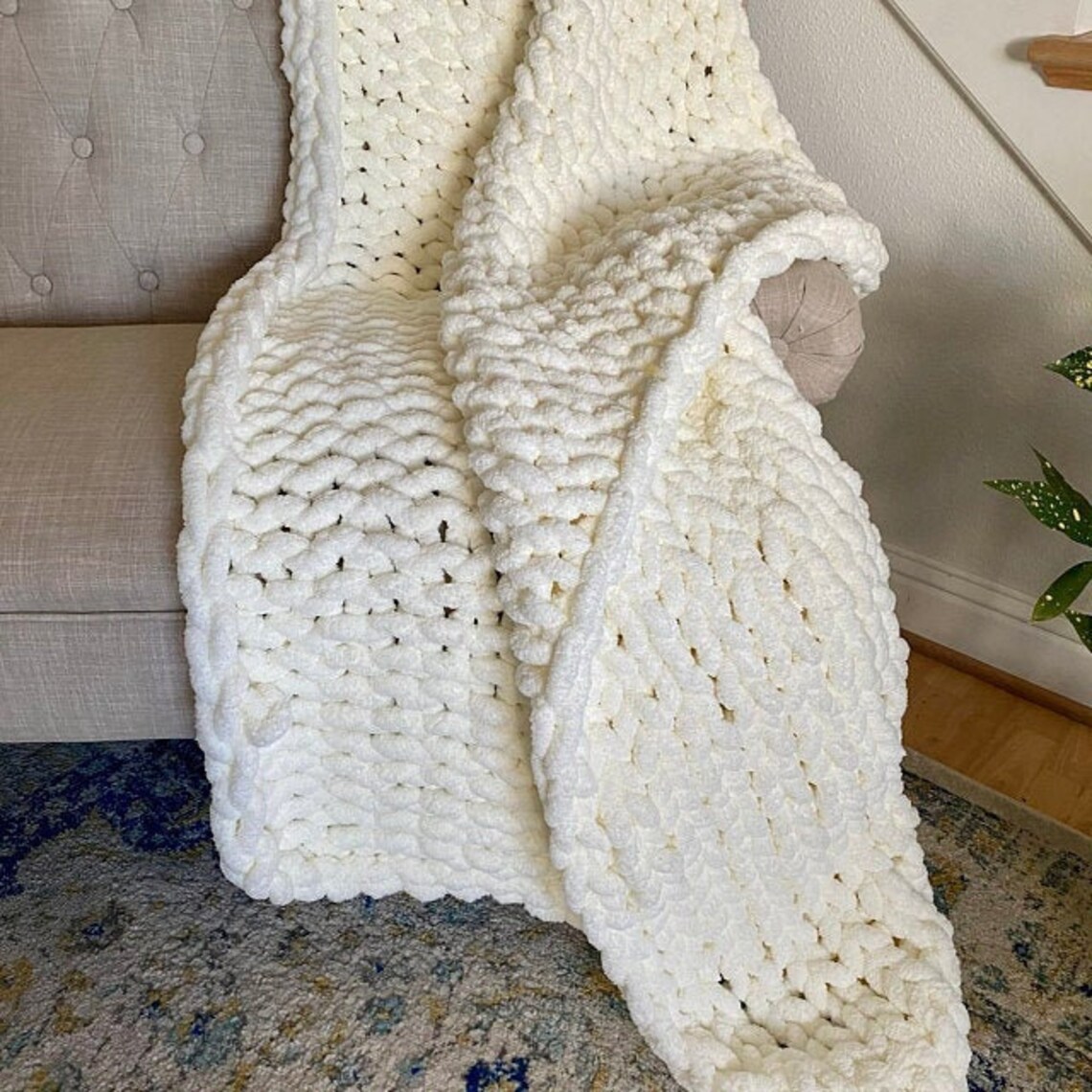 Chunky Knit Blanket Beige Cream Throw Blanket Chenille Etsy