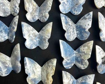 May include: A collection of butterfly-shaped stone carvings. The butterflies are primarily blue and white, with intricate veining patterns. The wings are spread, and the carvings are arranged on a black surface.