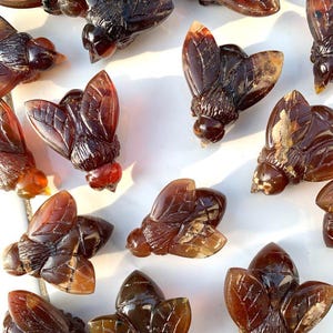 May include: A collection of 11 hand-carved amber fly figurines. Each fly is intricately detailed with wings, legs, and a body. The amber is a rich, deep brown colour with hints of red.