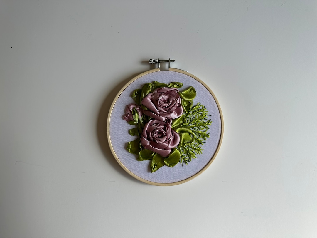 Silk Roses Ribbon Embroidery Wall Hanging Art in Wooden Hoop 6 Diameter ...