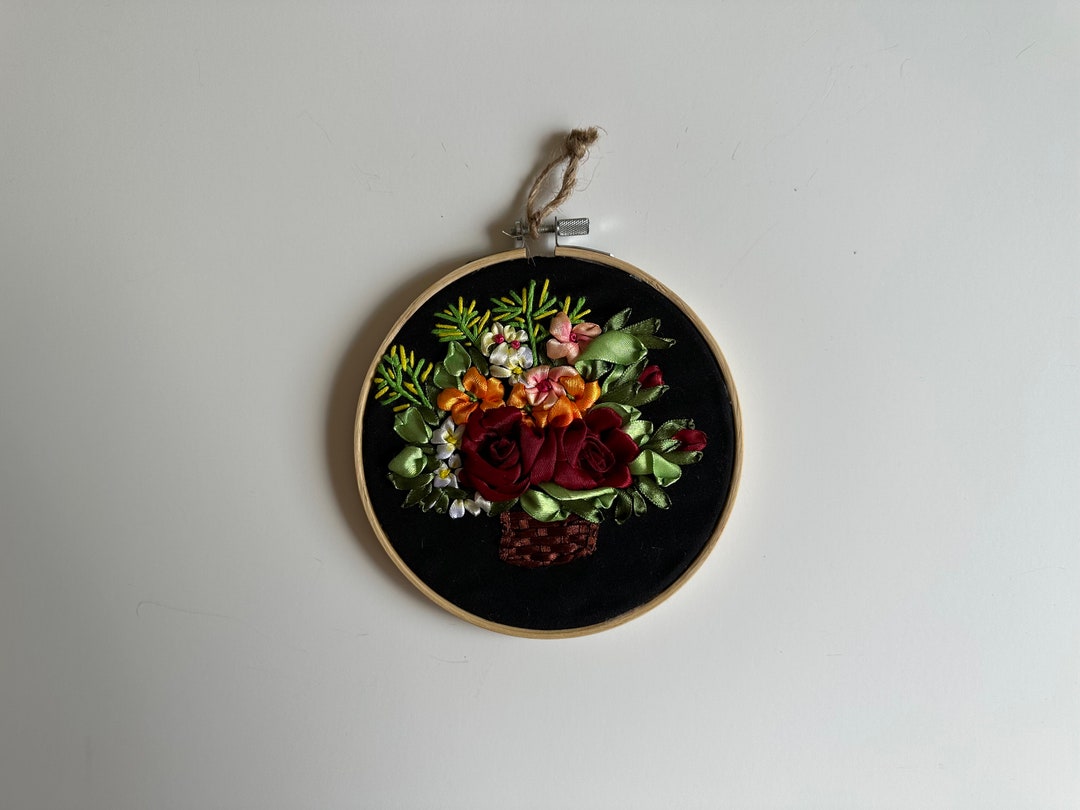 Silk Roses Ribbon Embroidery Wall Hanging Art in Wooden Hoop 6 ...