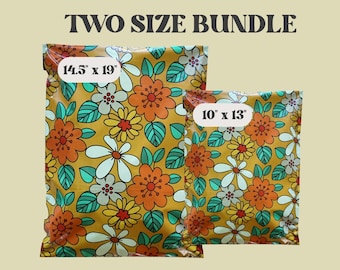 May include: Two sizes of colorful floral patterned mailing envelopes. The larger envelope is 14.5 inches by 19 inches. The smaller envelope is 10 inches by 13 inches.