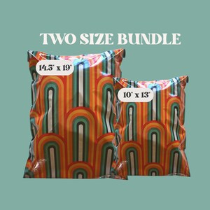 May include: Two sizes of colorful, rainbow-patterned poly mailers. The larger mailer is 14.5" x 19" and the smaller mailer is 10" x 13".