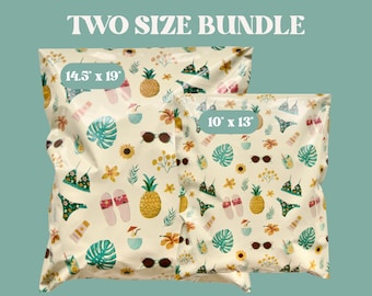 May include: Two sizes of white poly mailers with a tropical print featuring pineapples, palm leaves, sunglasses, and flip flops. The larger mailer measures 14.5 inches by 19 inches, and the smaller mailer measures 10 inches by 13 inches.