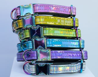 Pink // Yellow // Green // Blue // Purple // Silver // Holographic // Rainbow Chrome Hardware // Small Dog Collar // Adjustable