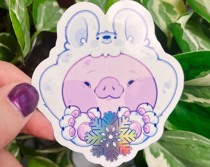 Winter Swine Flurry 2.8" x 3" Vinyl Holographic Sticker - Glossy 3 x 2.8" | Cute Animal Decal for Laptops, Journals, and More!