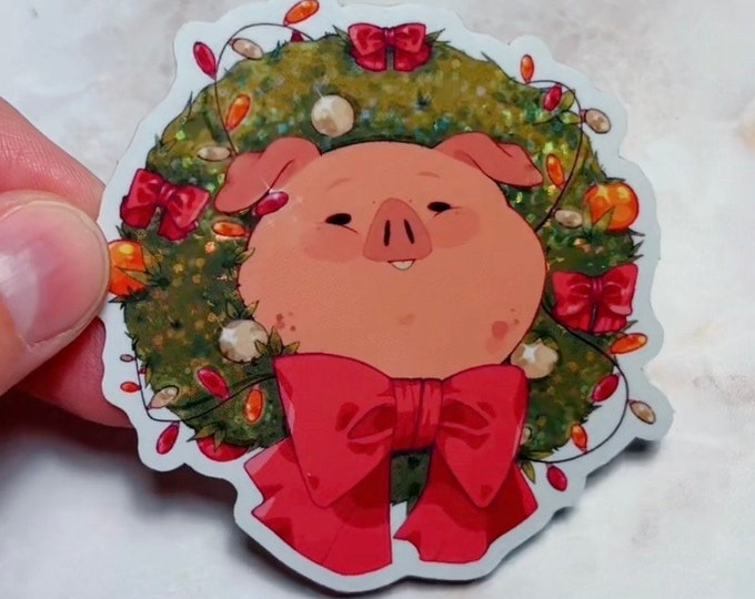 Vinyl 2.9" x 2.8" Die Cut Glitter Glossy Holiday Wreath Pig Sticker