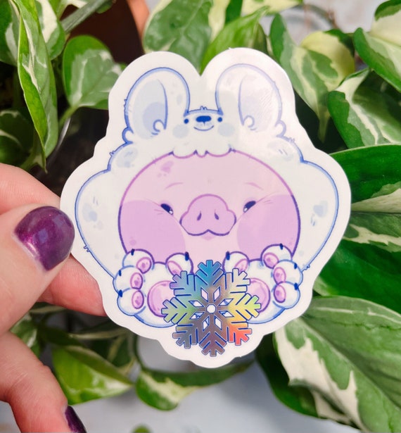 Winter Swine Flurry 2.8" x 3" Vinyl Holographic Sticker - Glossy 3 x 2.8" | Cute Animal Decal for Laptops, Journals, and More!